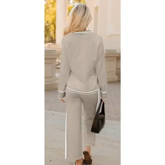 ZESICA Women's 2 Piece Fall Outfit Long Sleeve V Neck Knit Sweater Top & pants - Picture 4 of 13